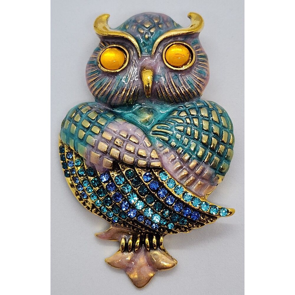 Owl Brooch Gorgeous Enamel Faux Jewel & Rhinestones Blues Lilacs